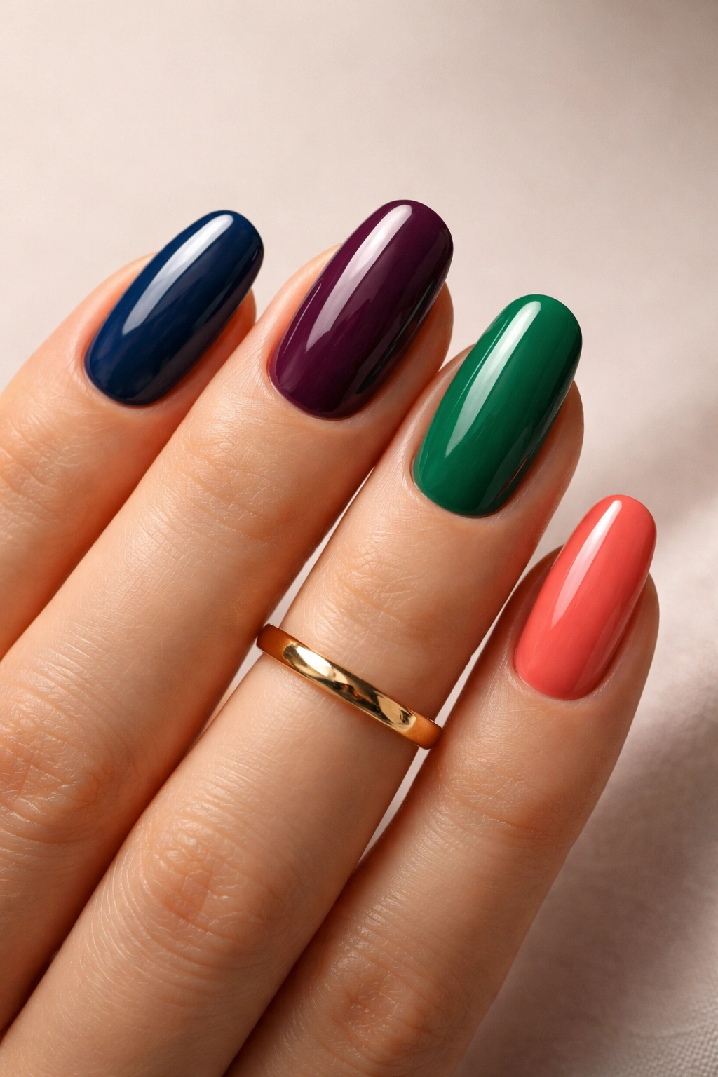 Close-up of bold colored nails in navy, plum, emerald, and coral with a gold ring