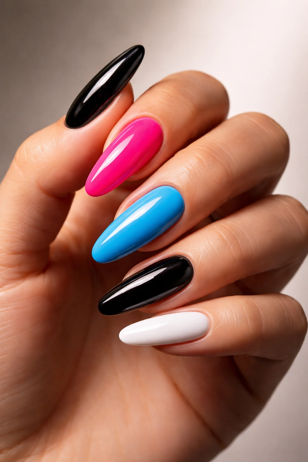 Nails painted in bold black, neon pink, and electric blue on neutral background.