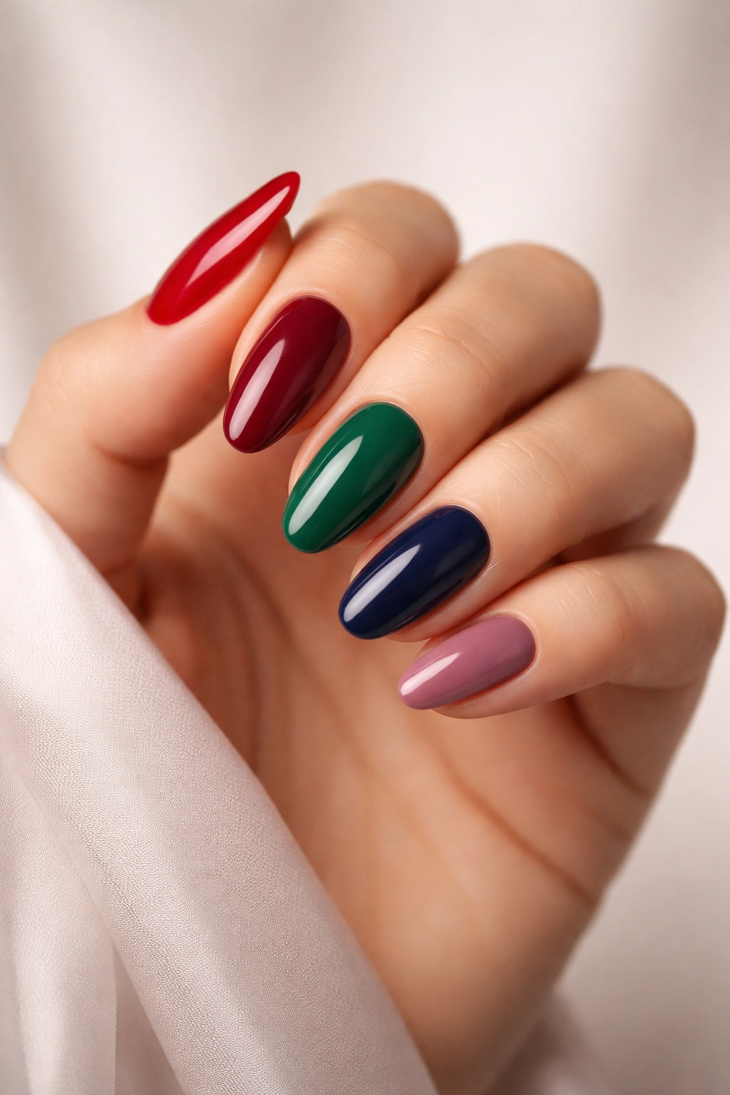Close-up of fingers with bold wedding nail colors: red, burgundy, emerald, navy, mauve.