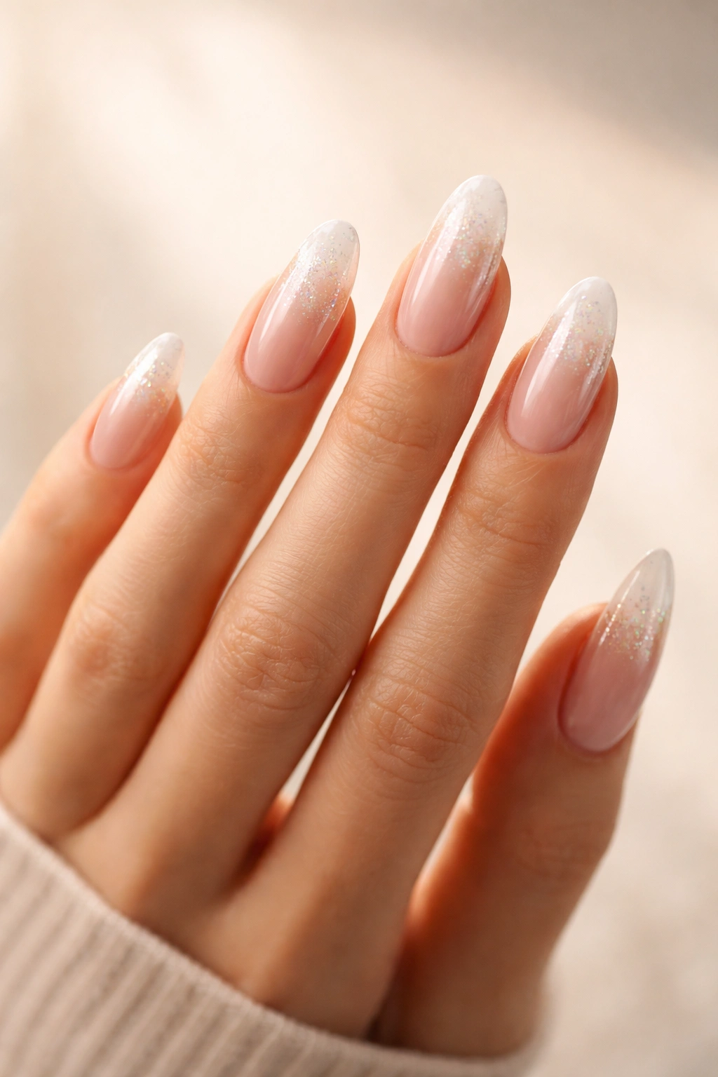 Close-up of a hand with bold oval nails of varying lengths and curves on a neutral background