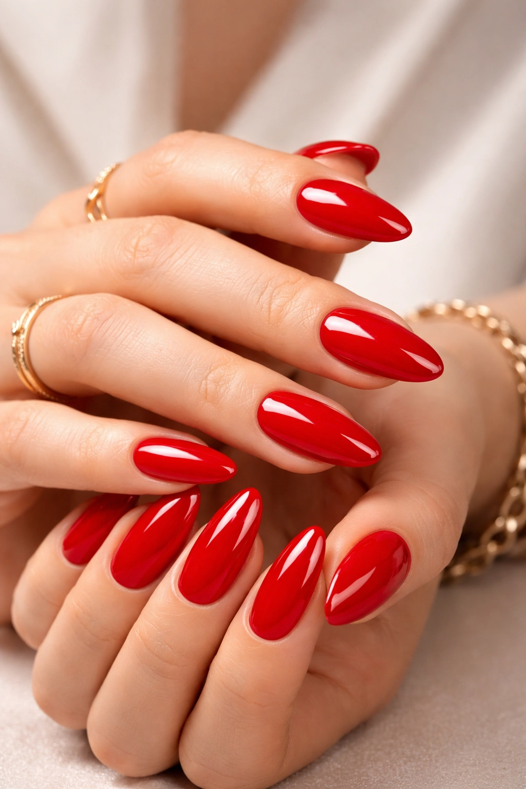 Close-up of bold red nails with high-gloss finish