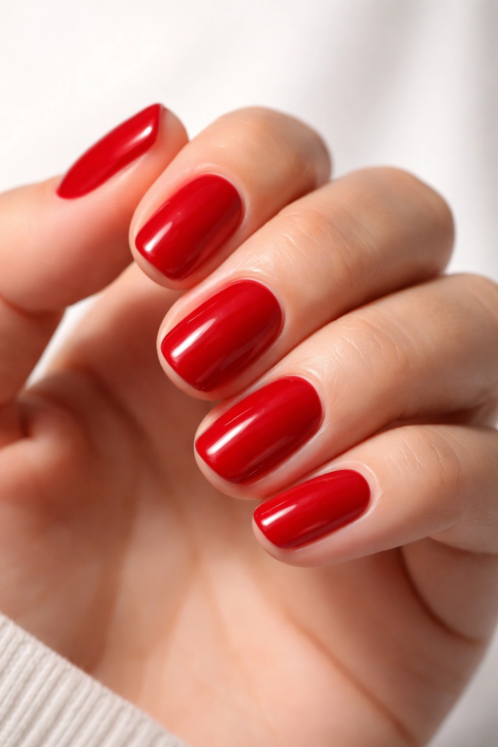 Close-up of hands with bold red short nails