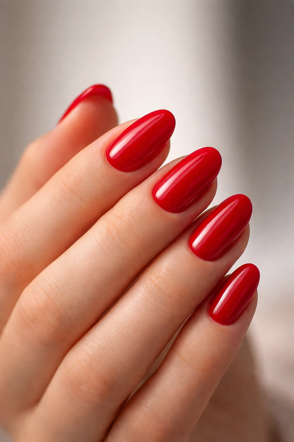 Close-up of a hand with short almond nails in bold red glossy finish