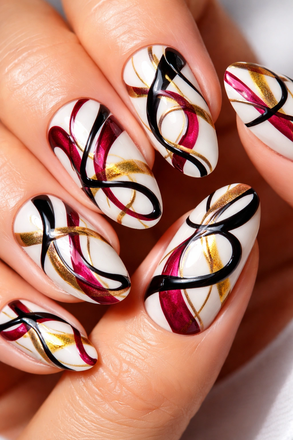 Nails with bold contrasting squiggles and swirls on white base