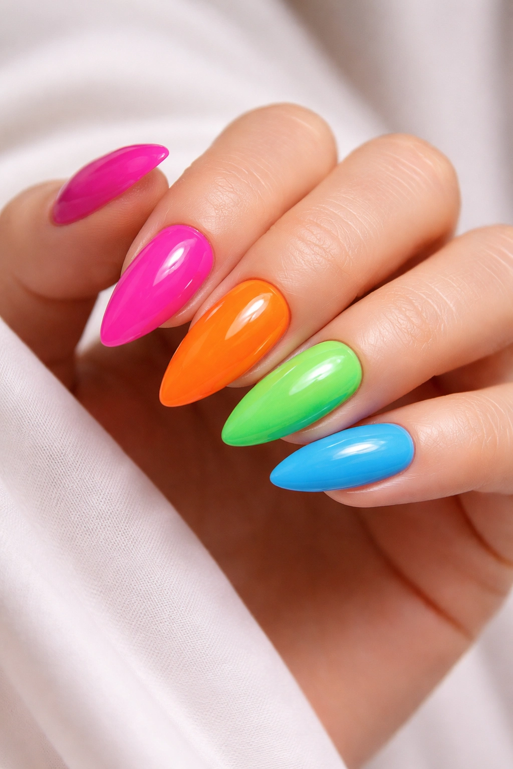 Bold vibrant almond acrylic nails in saturated colors