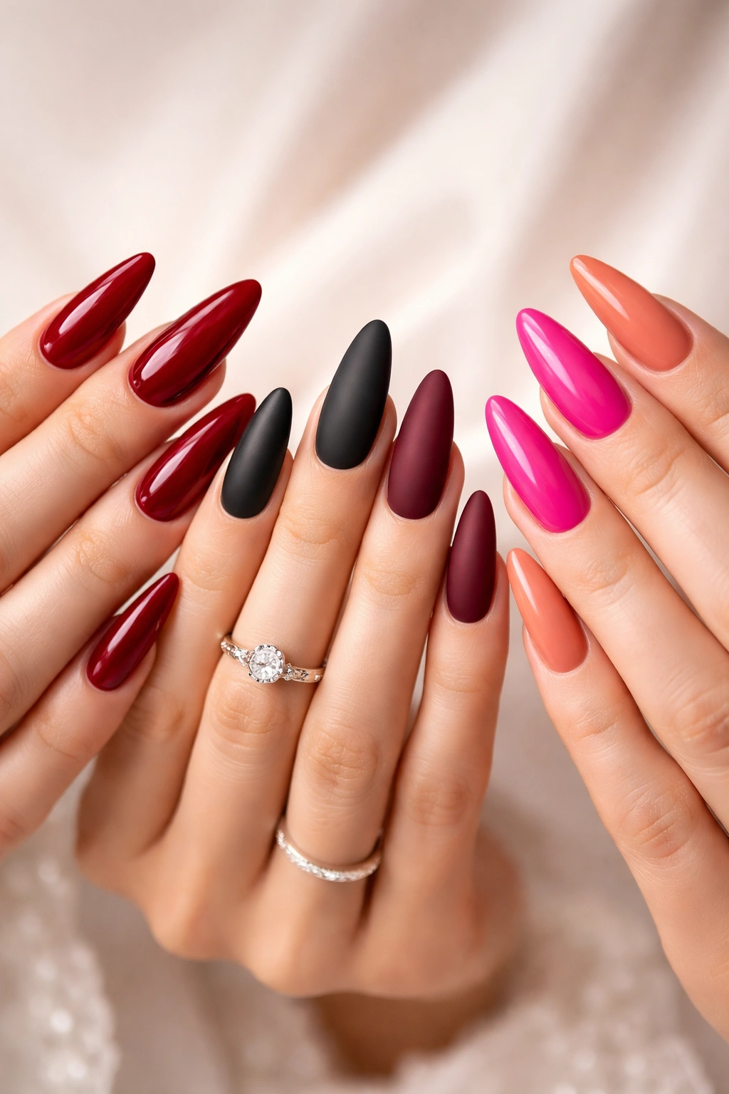Close-up of hands with bold wedding nail colors including deep red, black matte, burgundy, hot pink, and terracotta