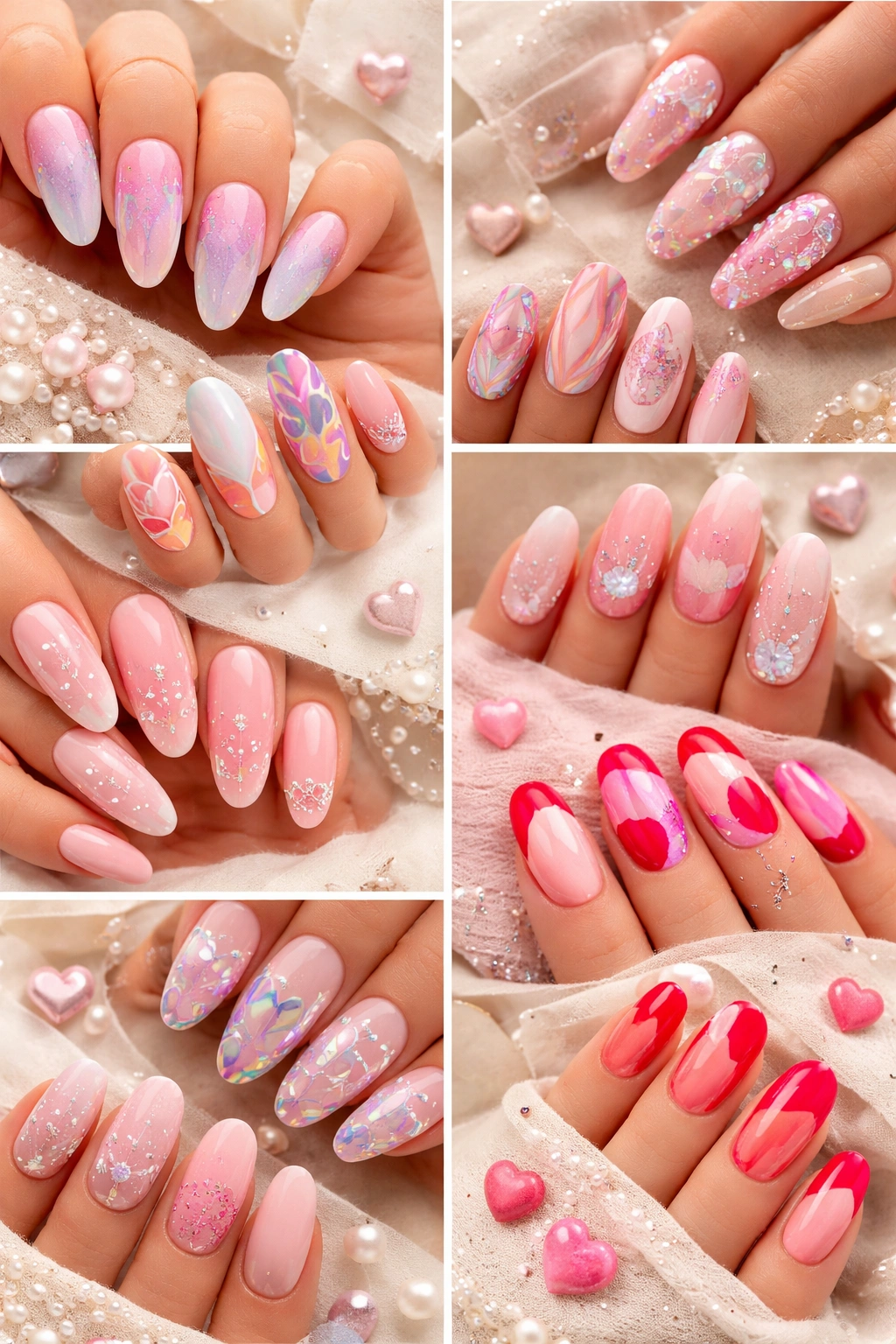 Collage of various heart nail designs showing multiple styles