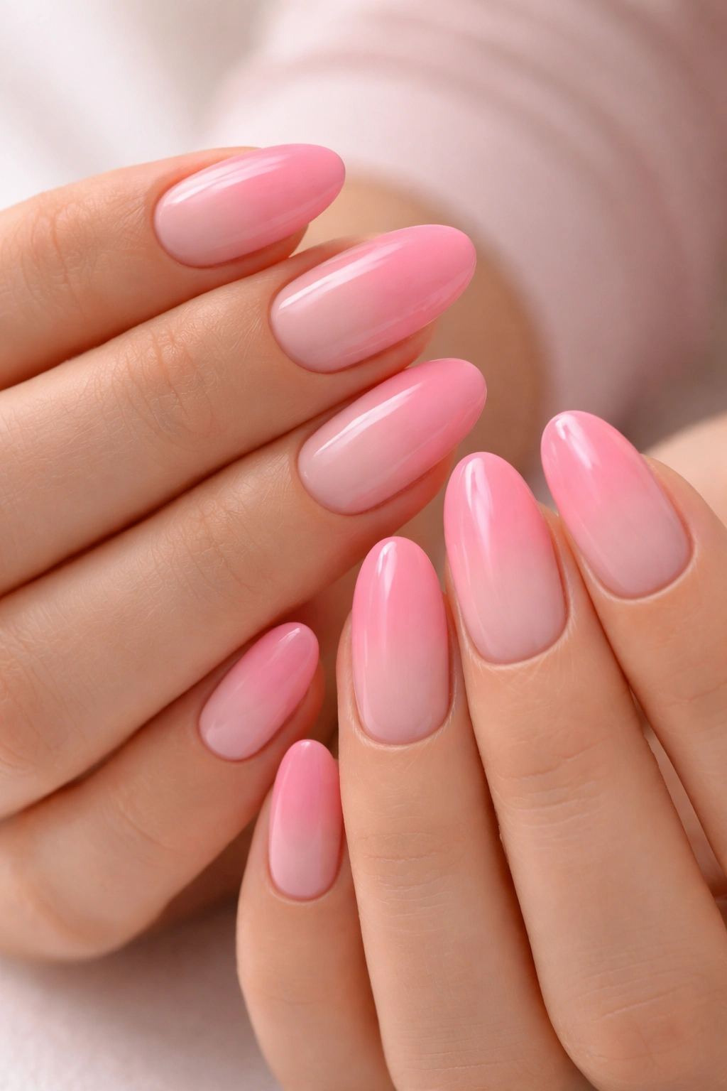 Close-up of classic pink ombre nails with blush to bubblegum gradient