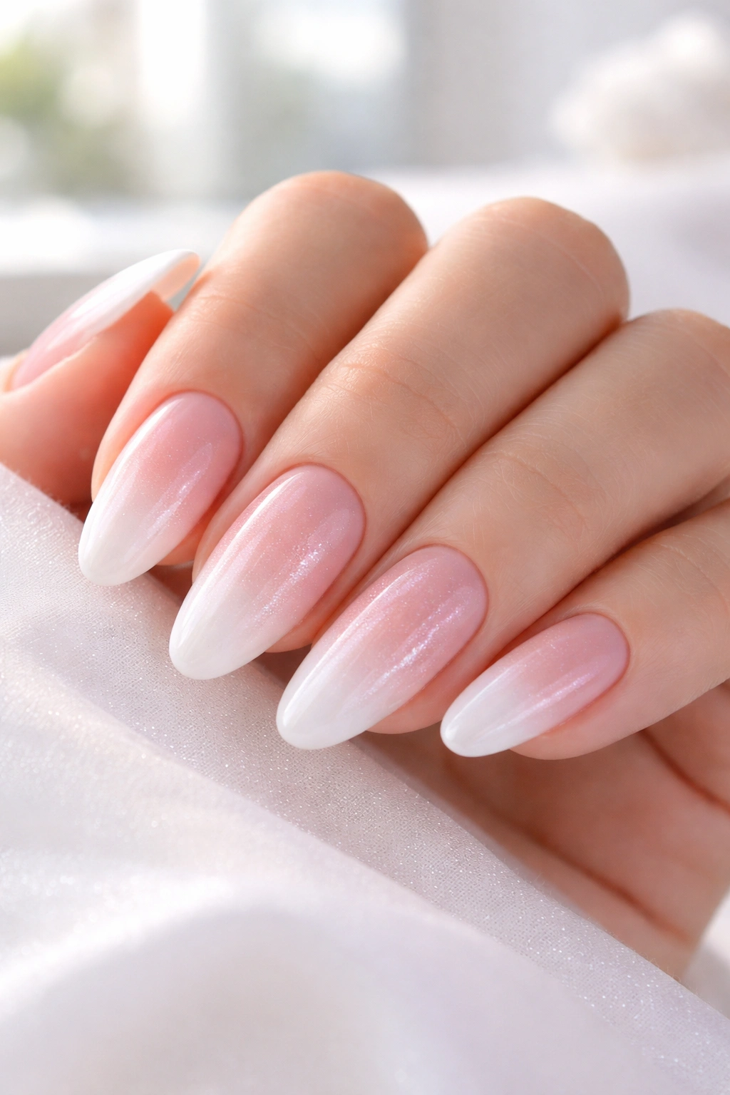 Close-up of baby boomer nails with pink to white gradient
