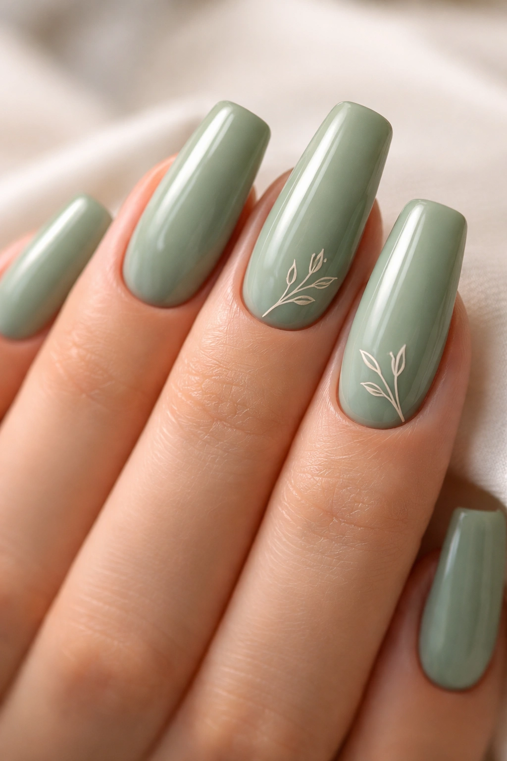Close-up of sage green nails with delicate fine botanical line art