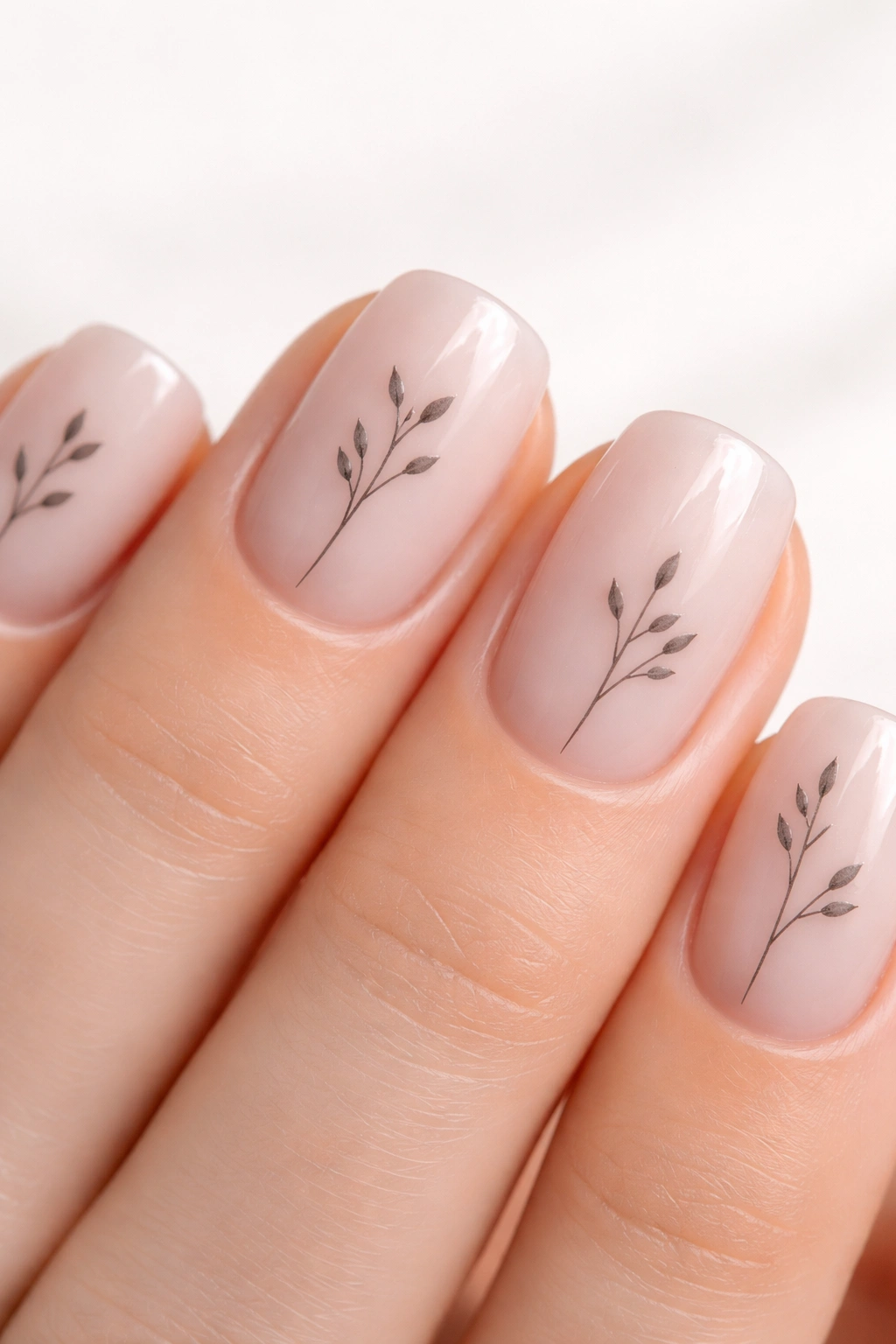 Close-up of short squoval nails with fine botanical stems