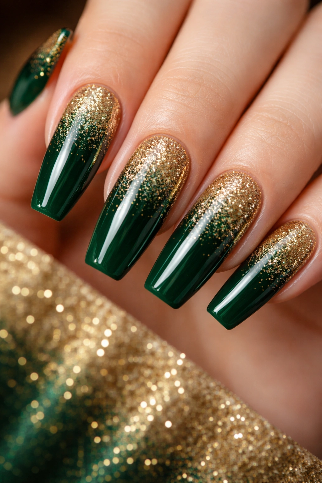 Close-up of bottle green nails with gold glitter gradient