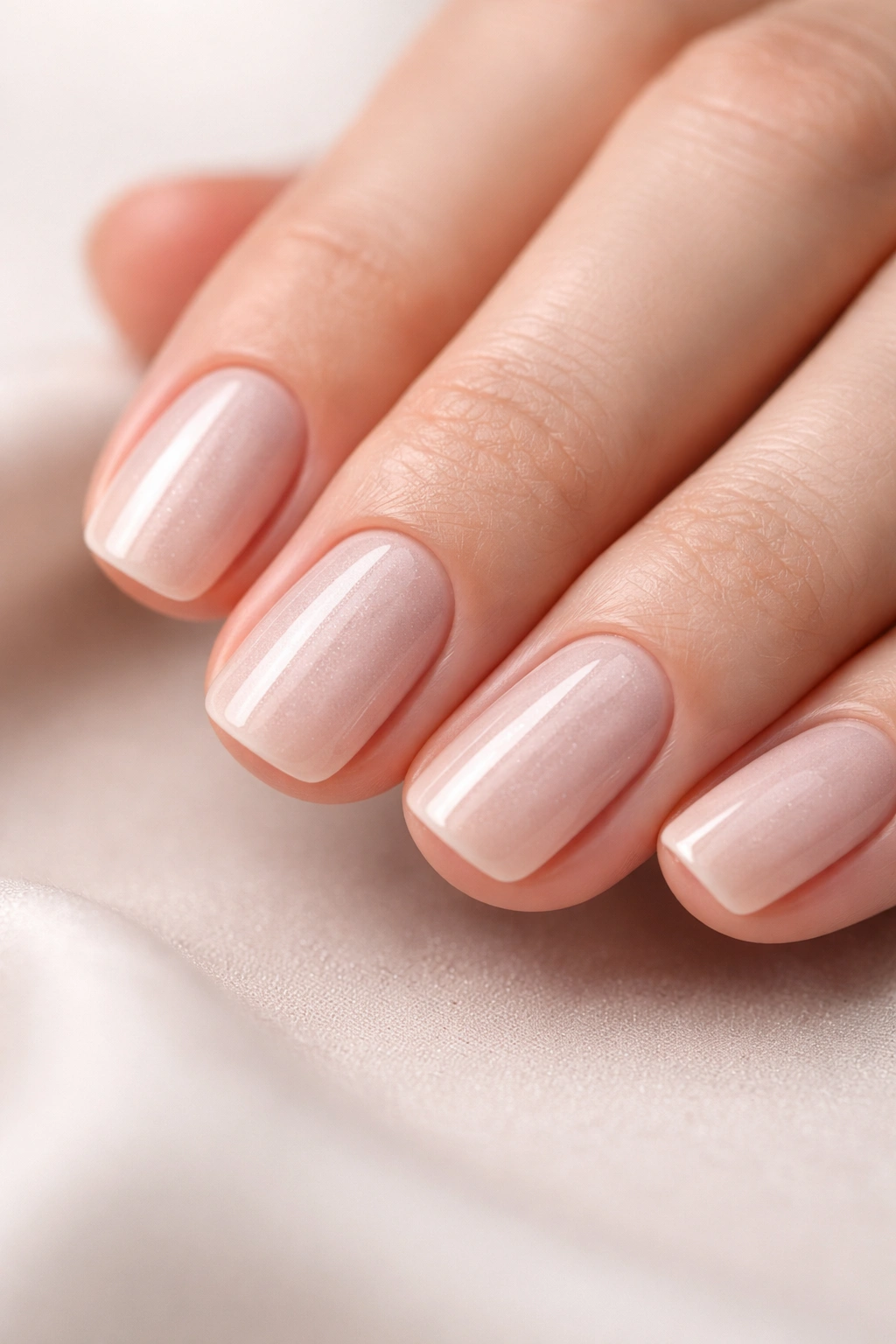 Close-up of short squoval nails with subtle shimmer and minimalist finish