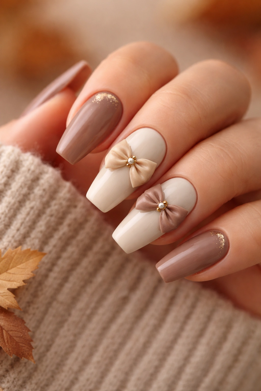 Close-up of nails with 3D cream bows on accent nails