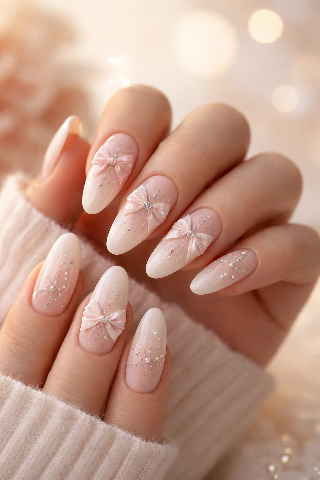 Close-up of long oval bow nails in a calm, minimal setting