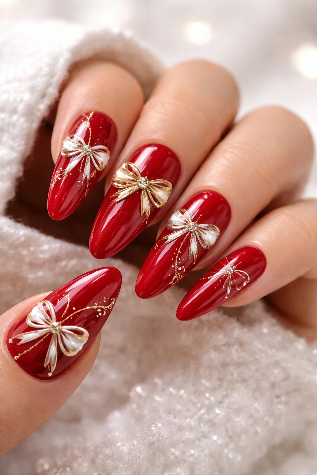 Close-up of red nails with small gold and white bow accents