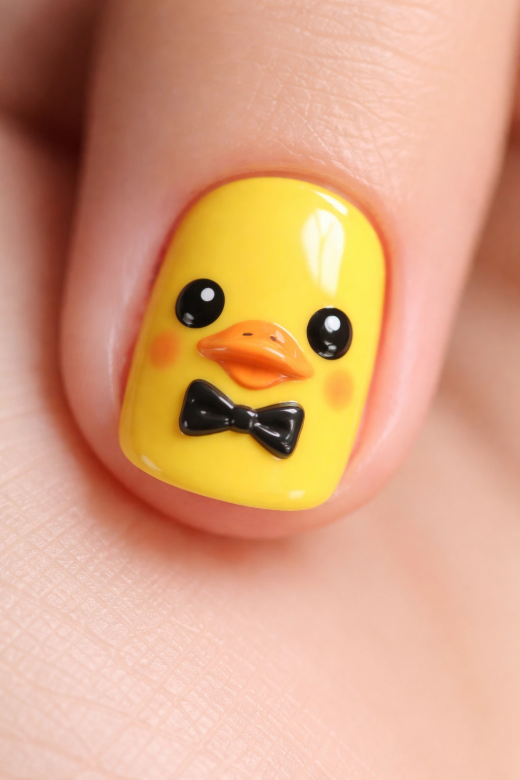 Yellow duck face with tiny black bow tie on a nail