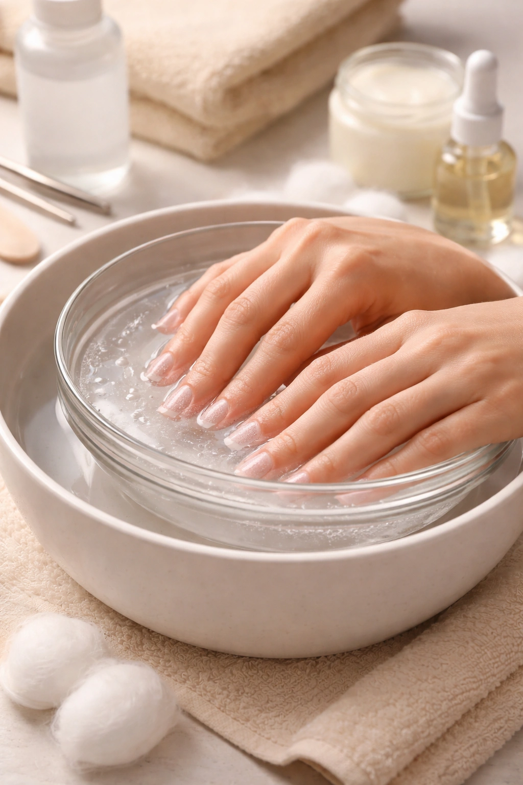 Nails soaking in acetone in a bowl