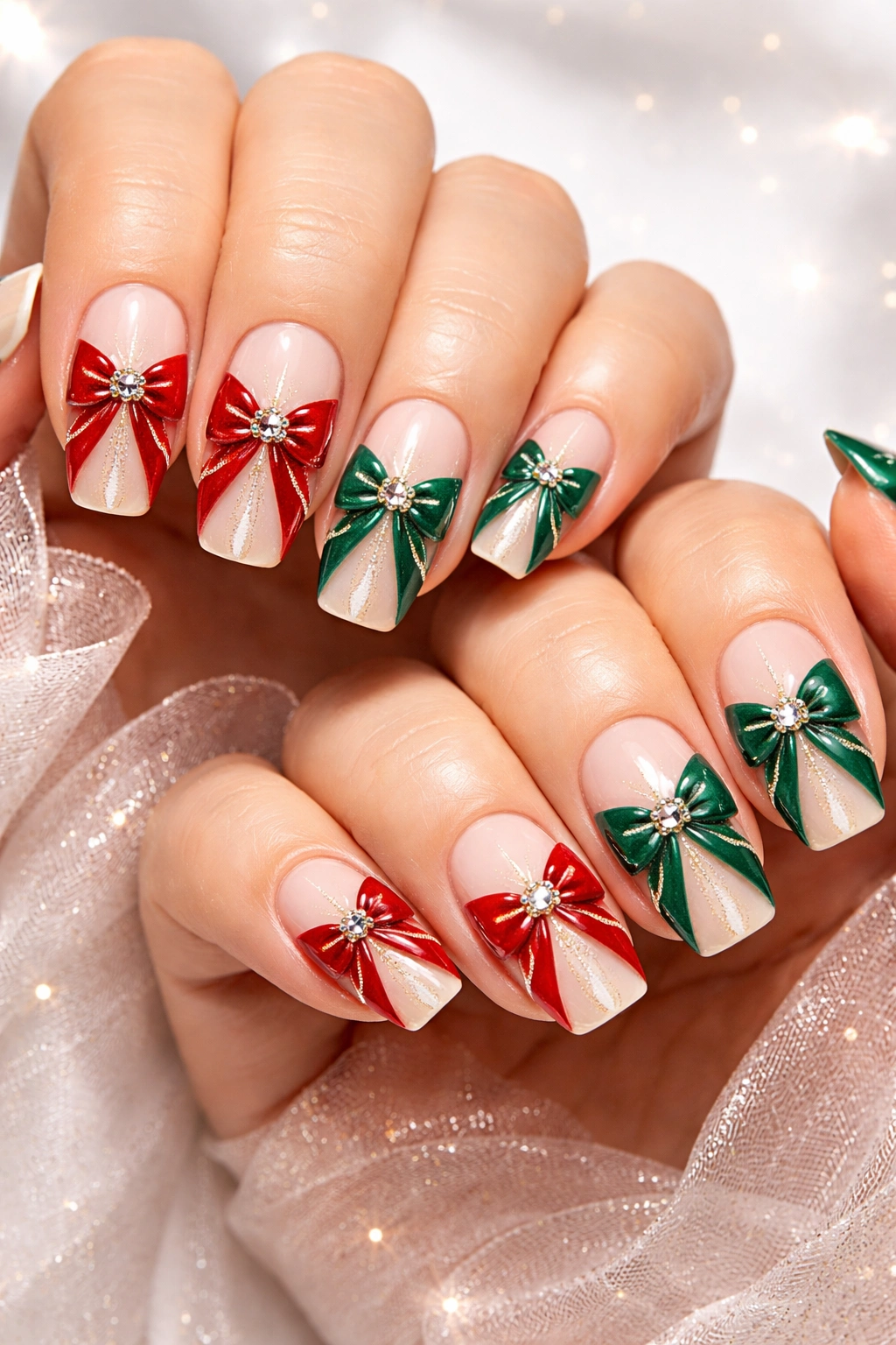 Close-up of nails featuring Christmas bow art on a neutral base