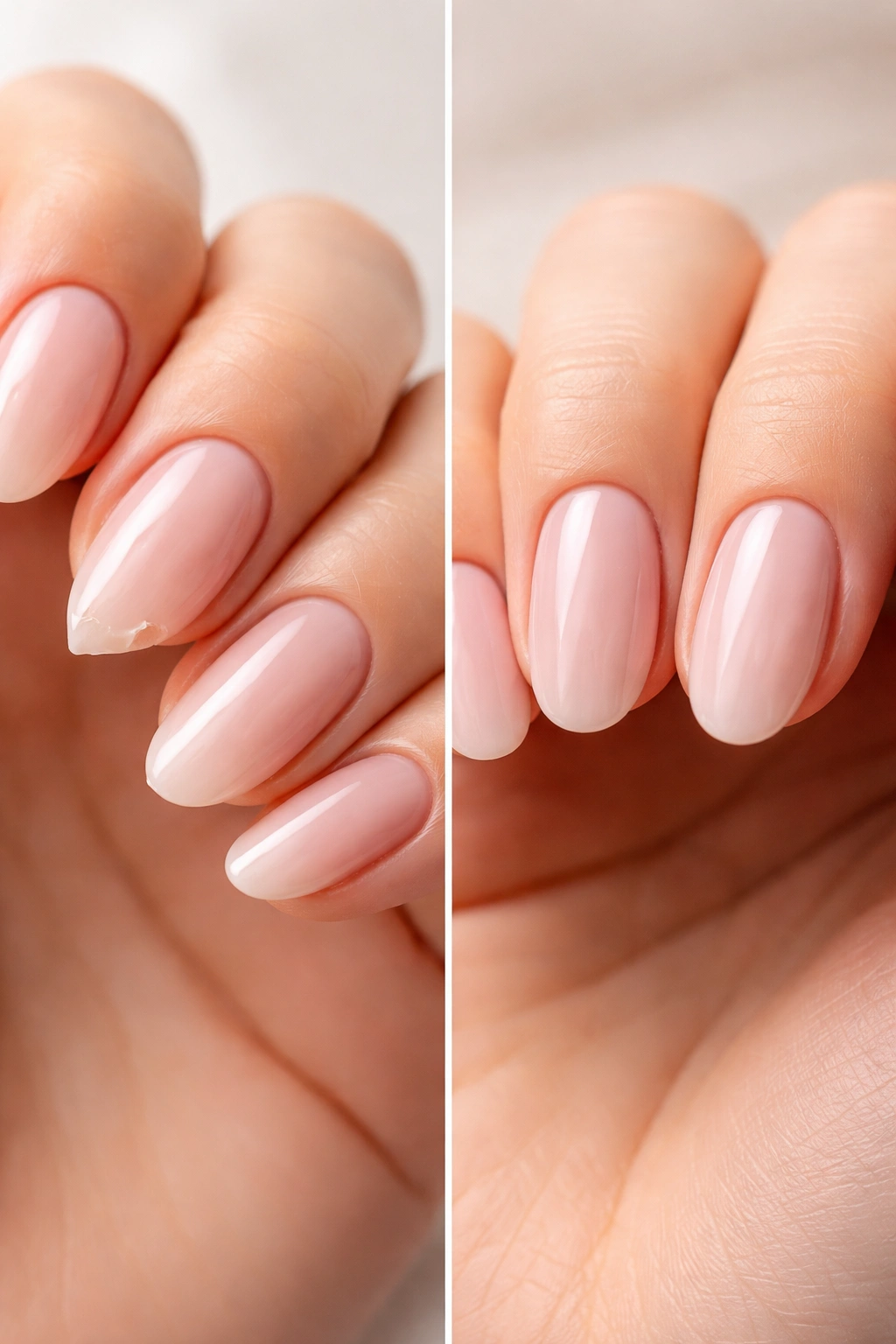Almond nails with a small chip and oval nails flawless to illustrate break risk and longevity