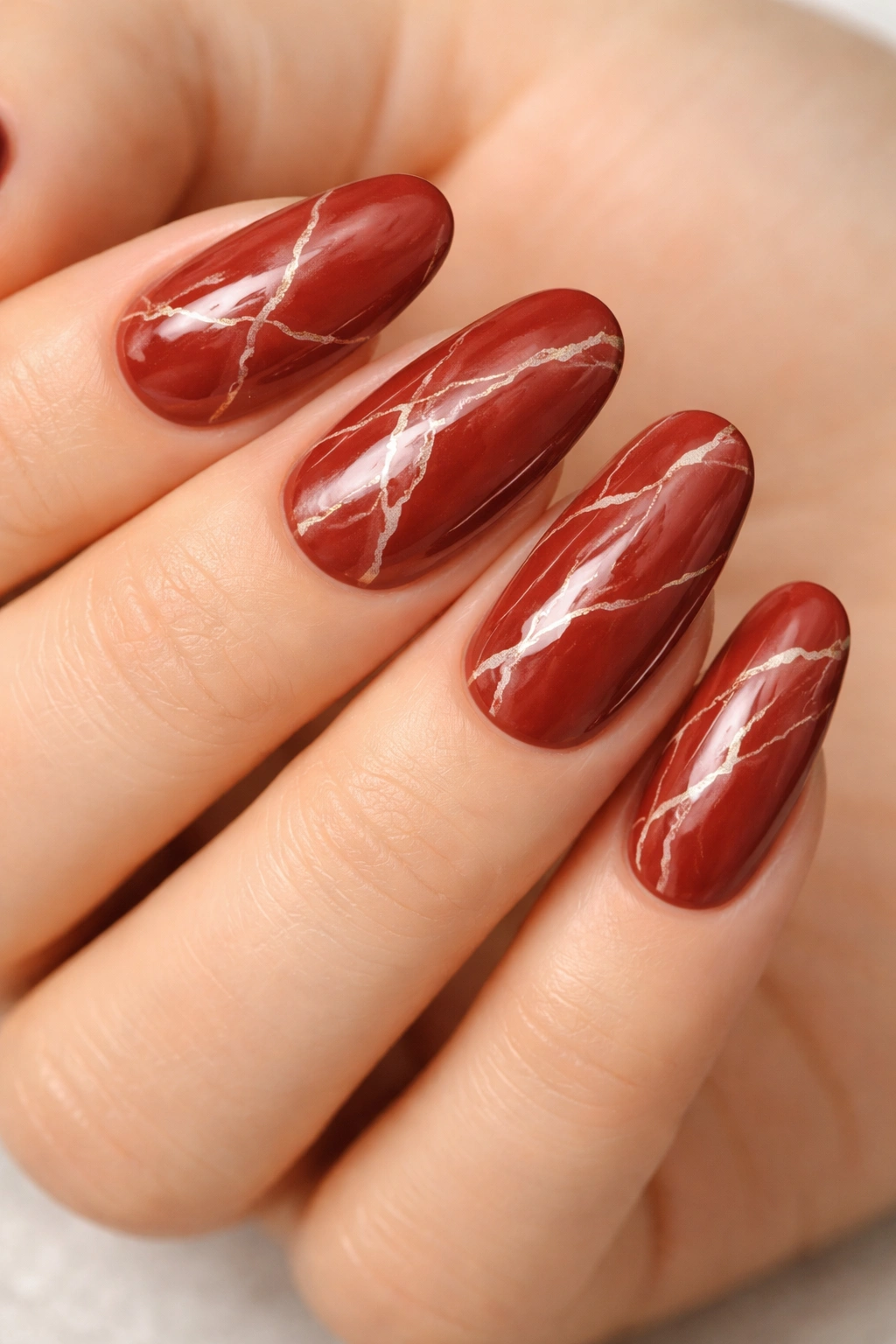 Brick red nails with white marble veining across the surface.