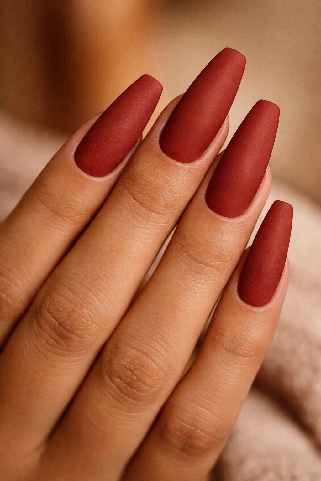 Hand with brick red soft matte ballerina nails showing suede-like finish