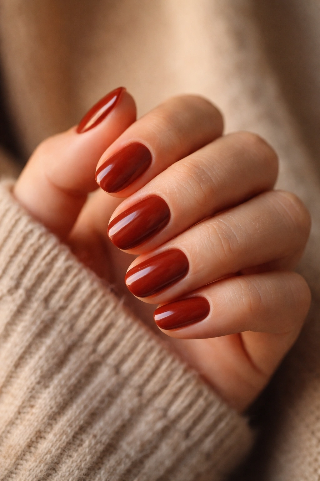 Close-up of brick red short oval nails with warm brown undertones.