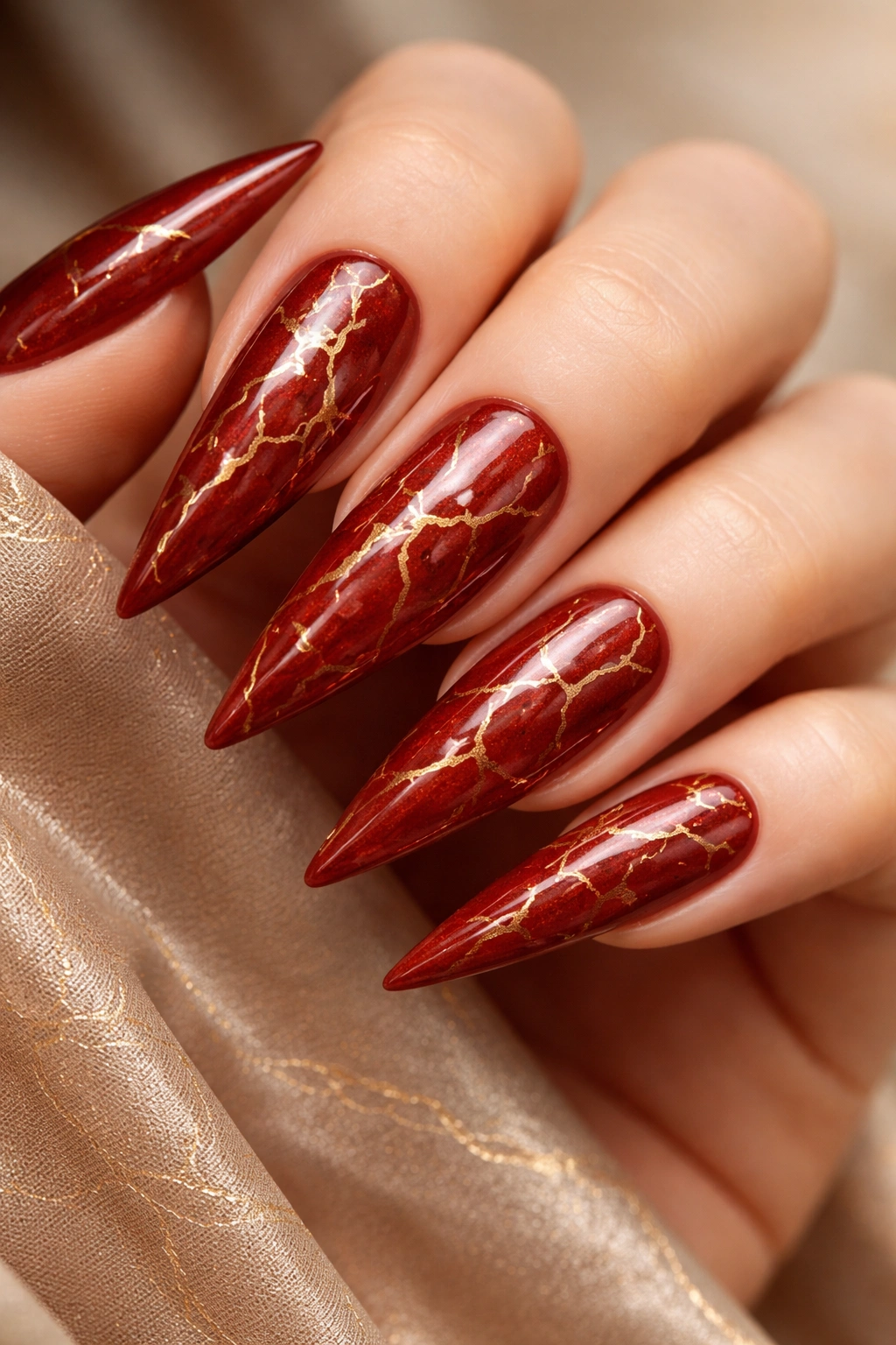 Brick red stiletto nails with fine gold veining.