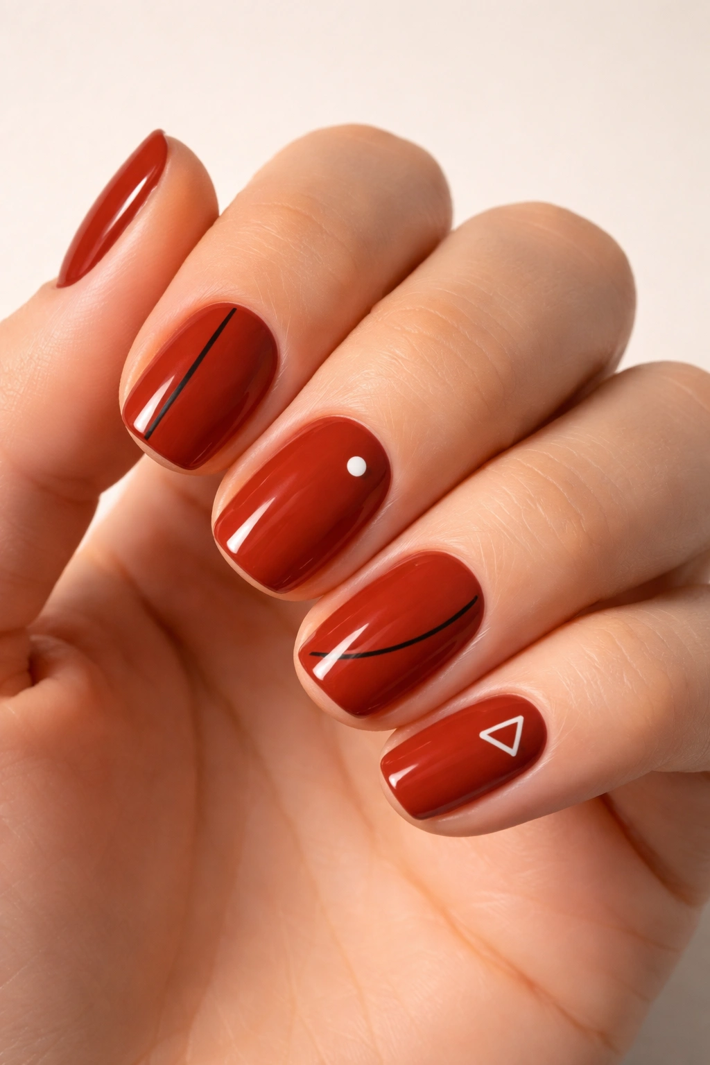 Close-up of brick red short squoval nails with minimalist black line art