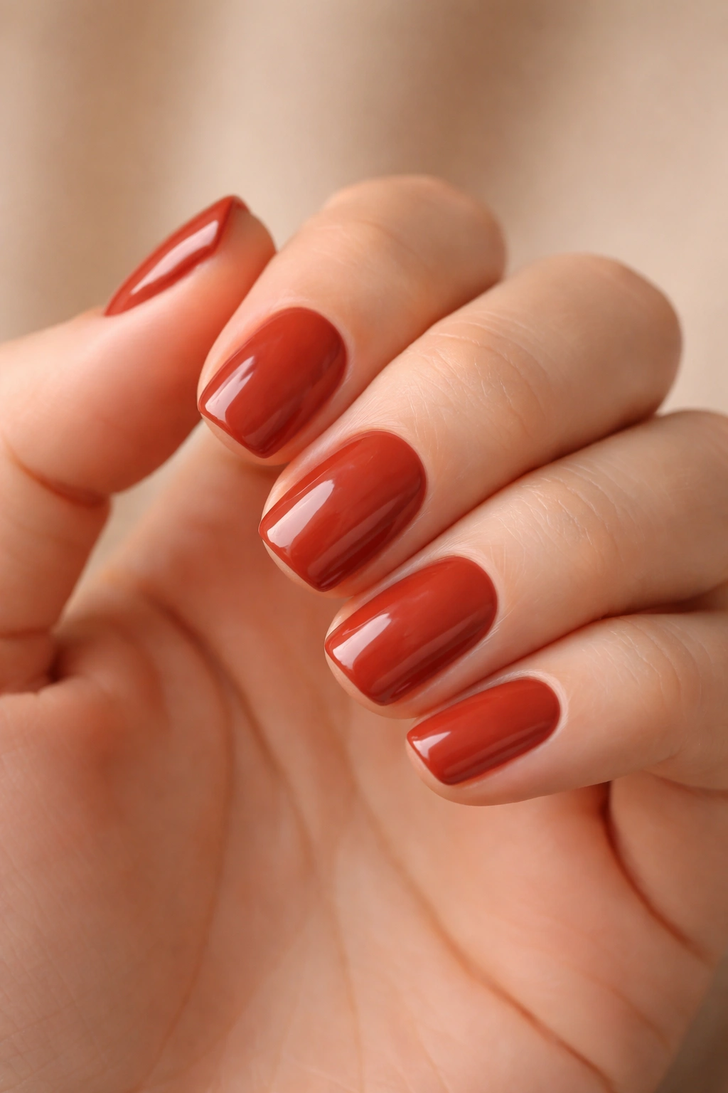 Close-up of short squoval nails in warm brick red with cream finish