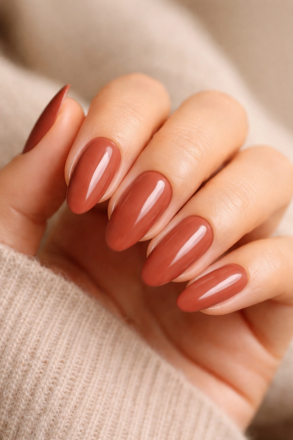 Close-up of long oval nails in brick terracotta cream shade