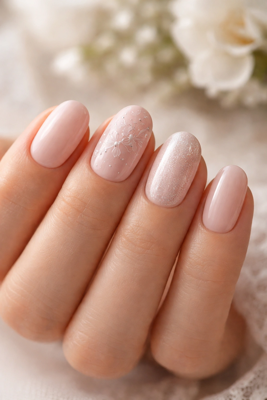 Close-up of a hand with four short oval nails showing different bridal looks