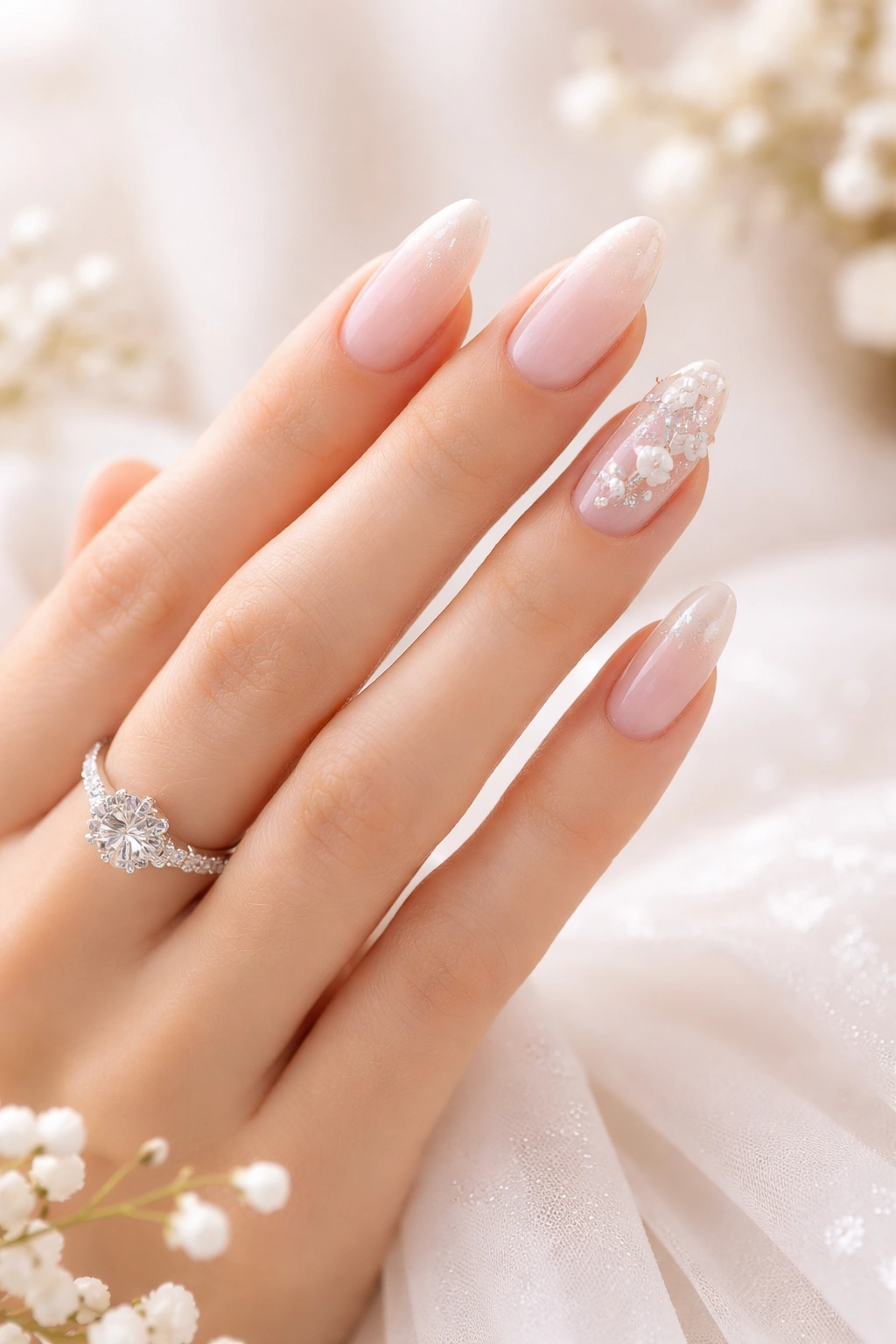 Close-up of a hand with a neutral bridal manicure showcasing elegant nails