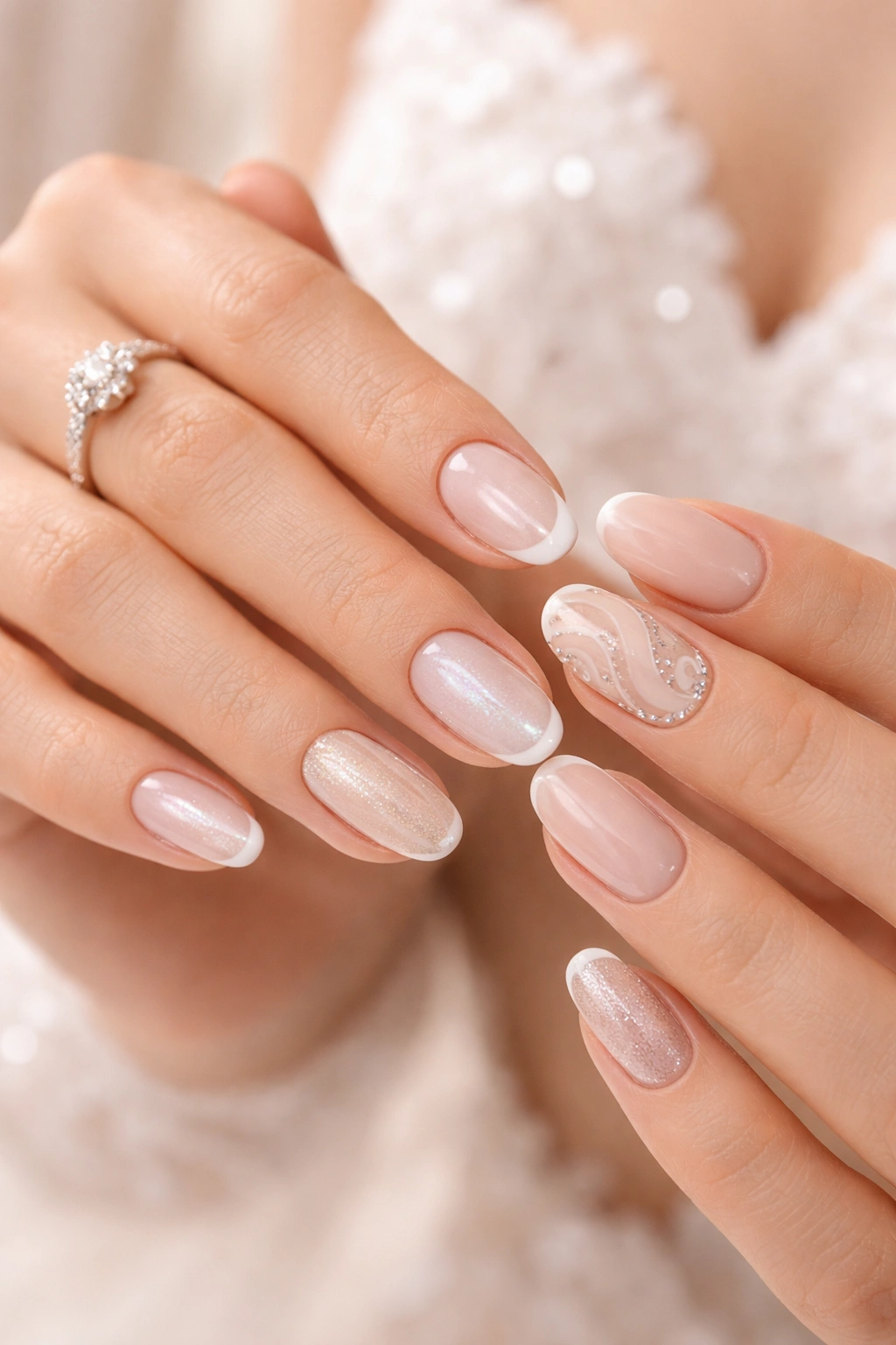 Bride's hands showing multiple bridal nail trends including micro French, glazed donut, negative space, and mismatched nails