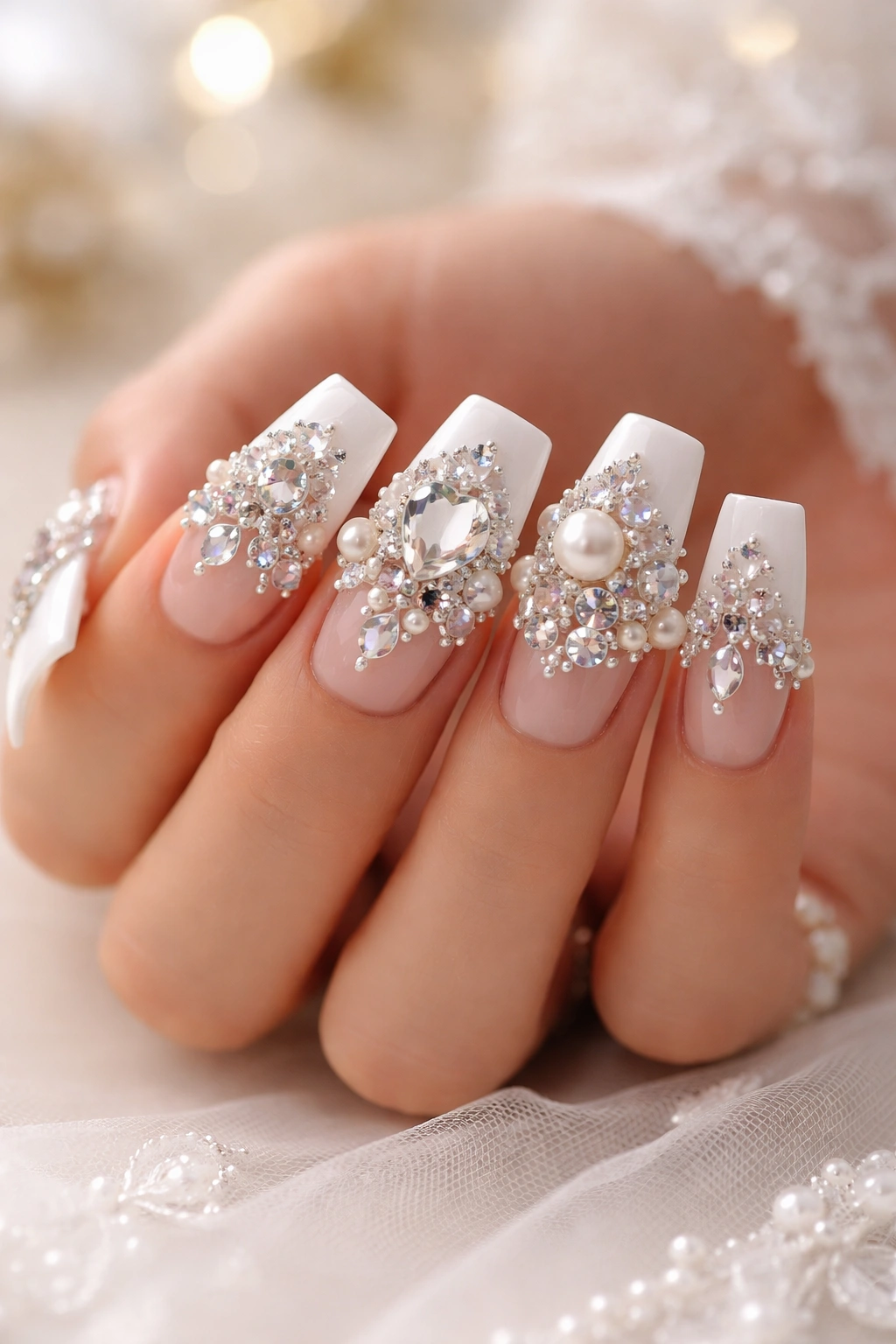 Close-up of bridal luxury crystal and pearl white duck nails with crystals and pearls on a manicured hand