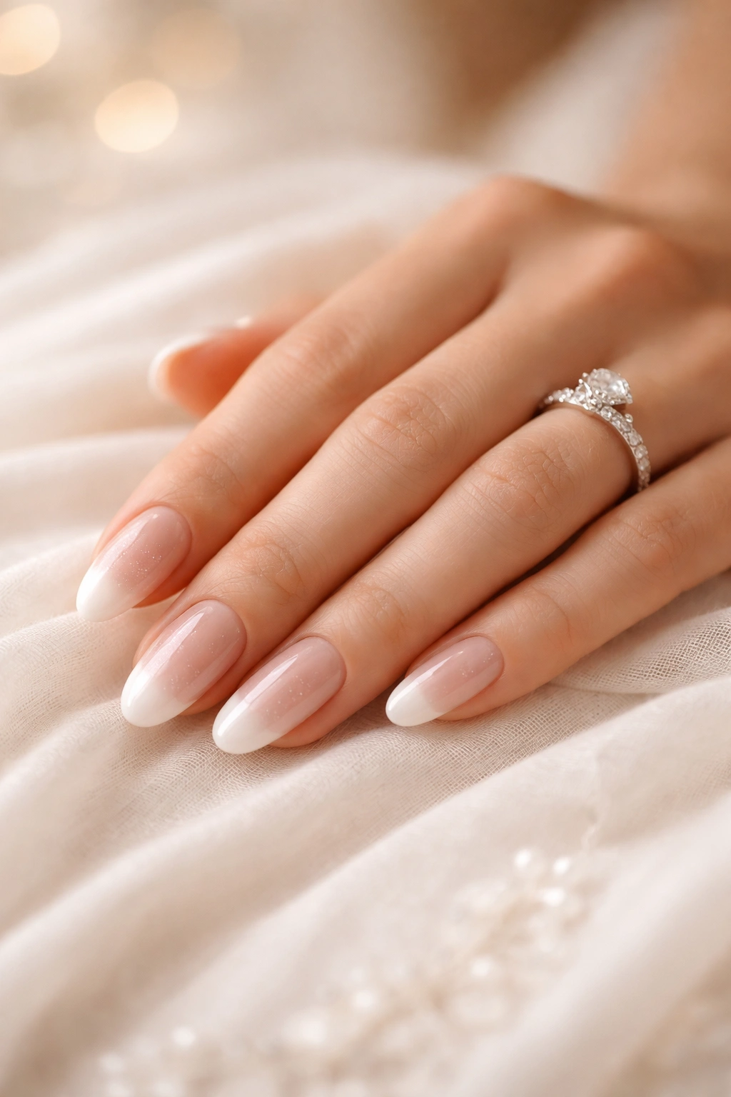 Close-up of a single hand with nude glossy nails on a soft surface