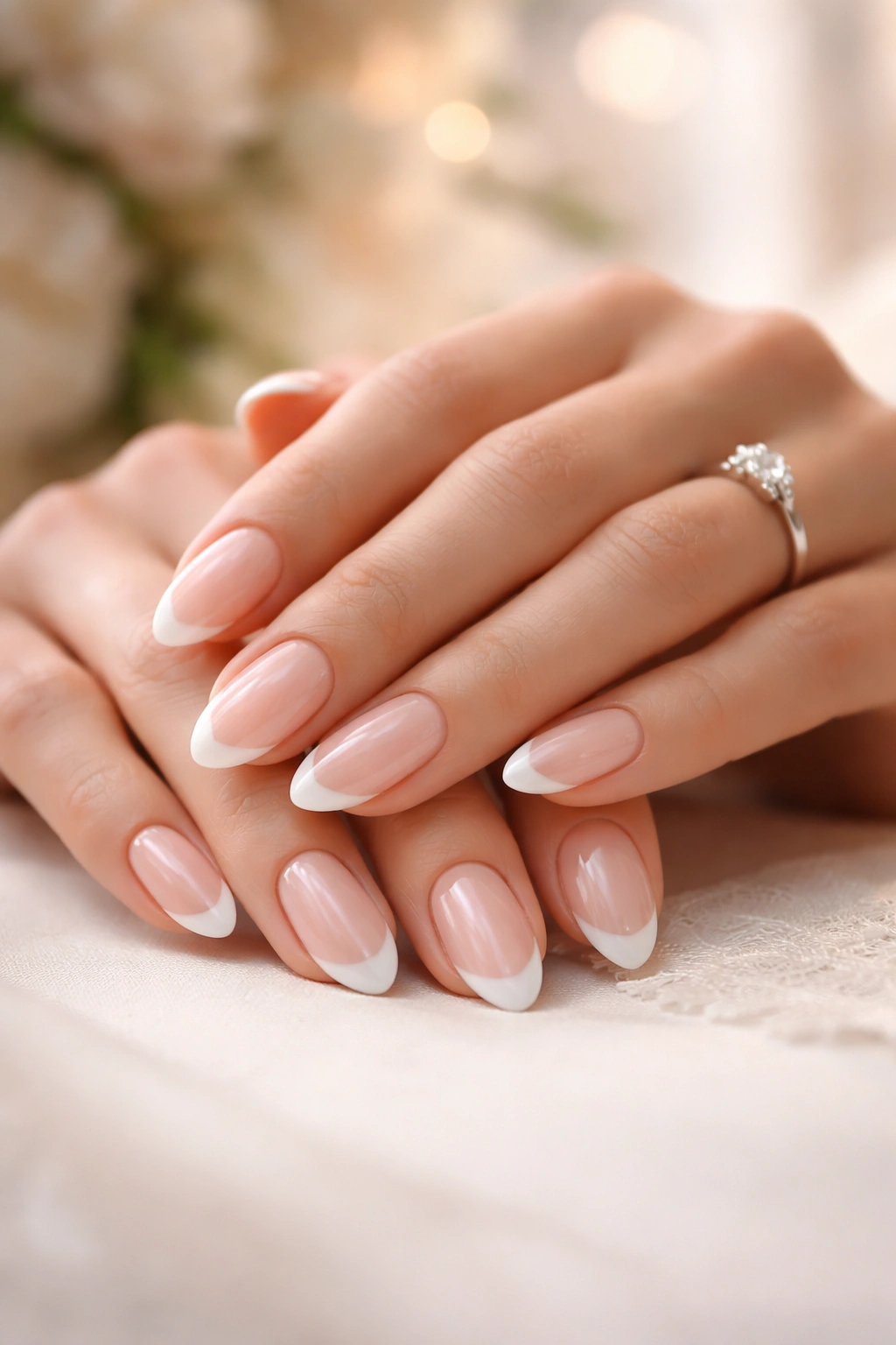 Close-up of hands with almond French tip nails in warm lighting