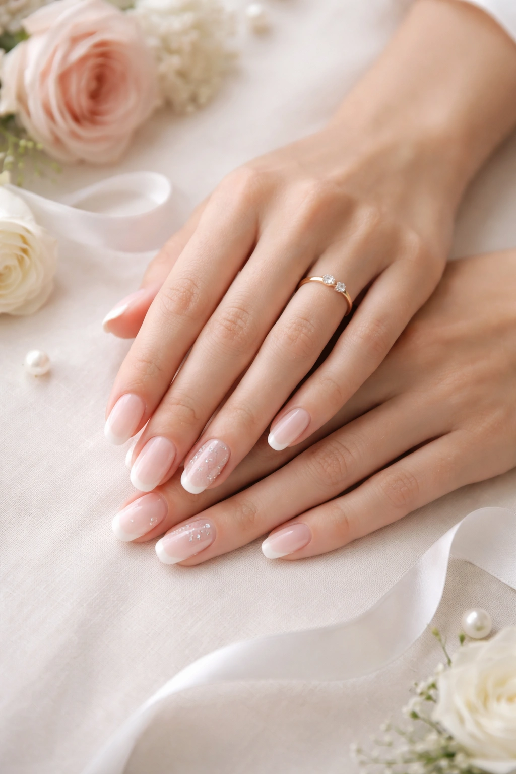 Hand with simple bridal nails on a neutral surface