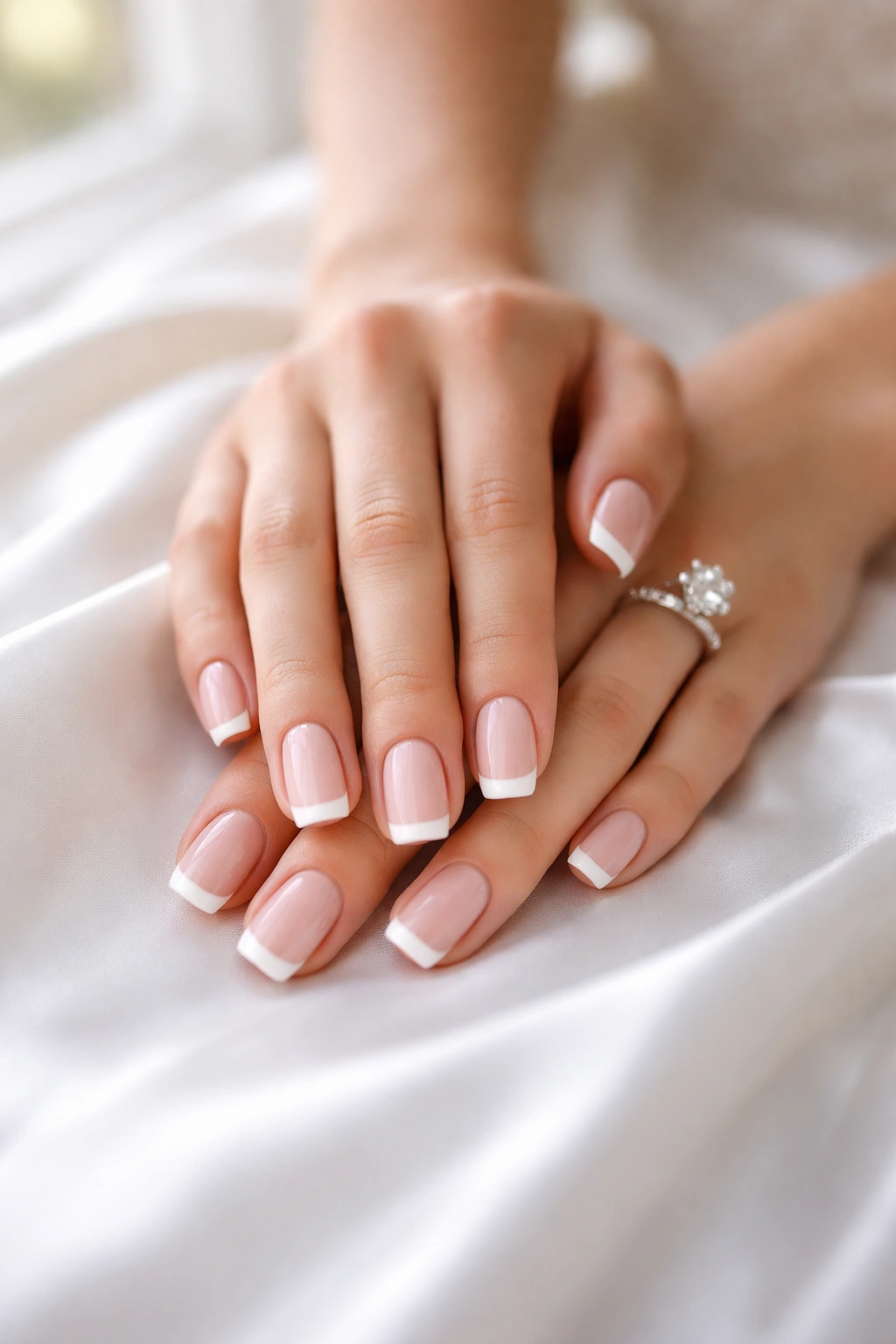 Close-up of bride hands with classic French tip manicure (soft pink base, white tips).
