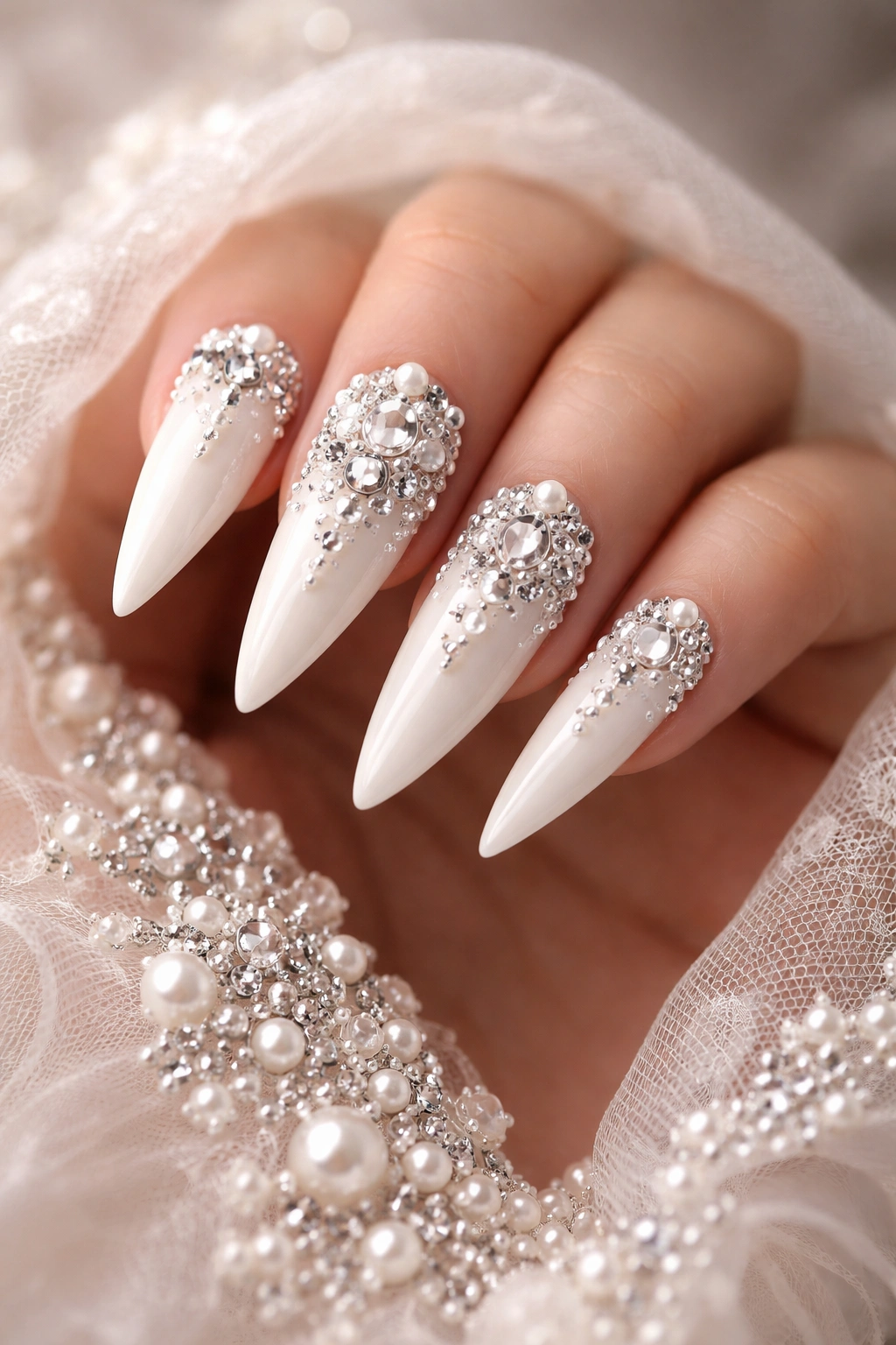 Bridal white nails with pearls and rhinestones