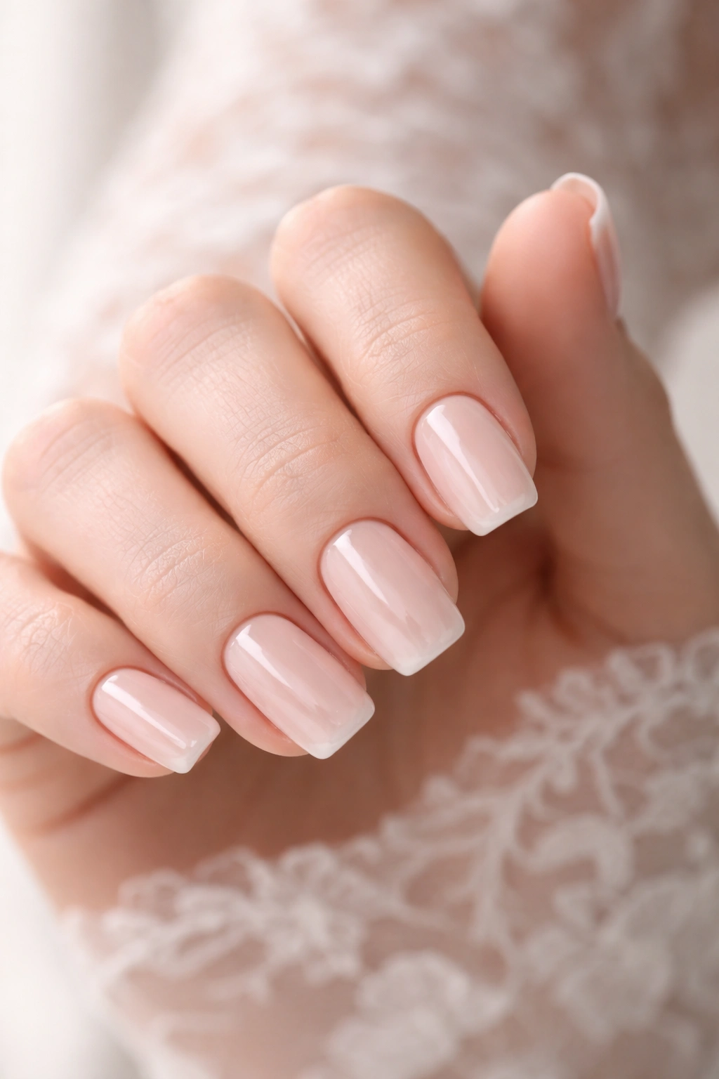 Close-up of a bride's hand showing soft square nails with nude glossy polish