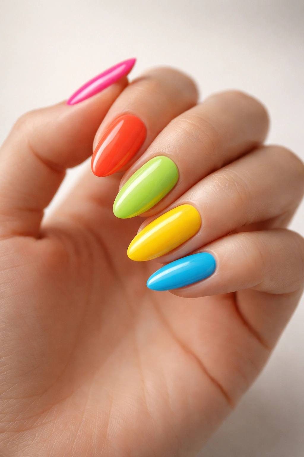 Close-up of perfectly shaped almond nails with glossy top coat.