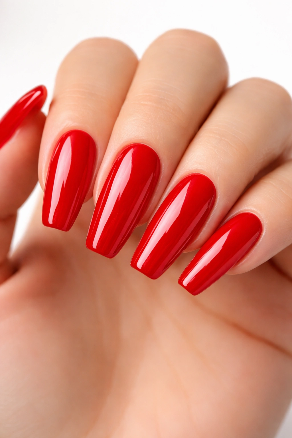 Bright cherry red ballerina nails with glassy gloss