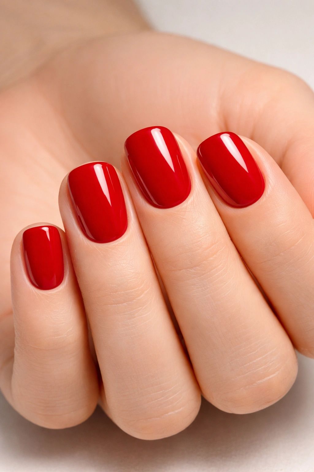 Close-up of bright cherry red nails with glossy finish
