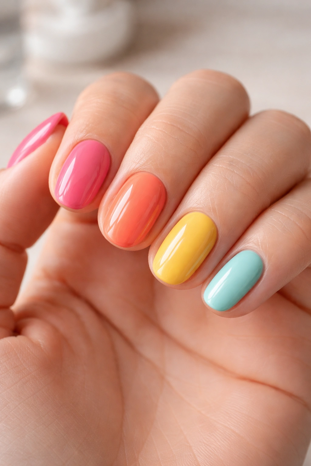 Close-up of bright short oval nails with clean edges and neat cuticles