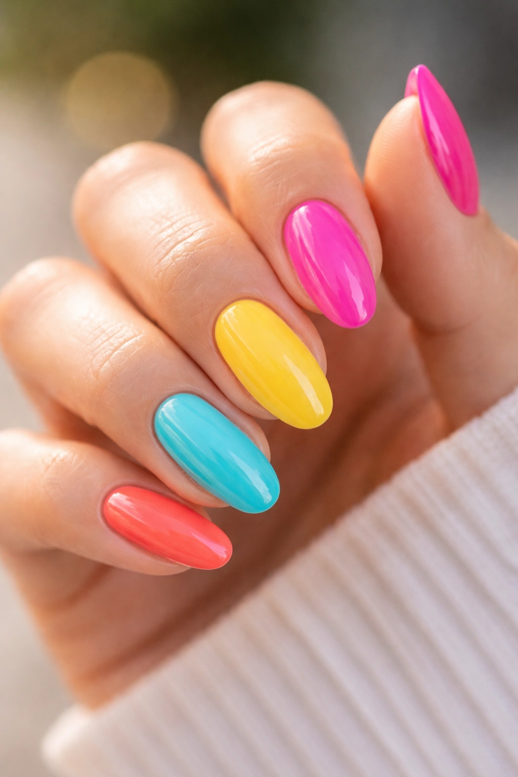 Hand with glossy, well-maintained long oval nails