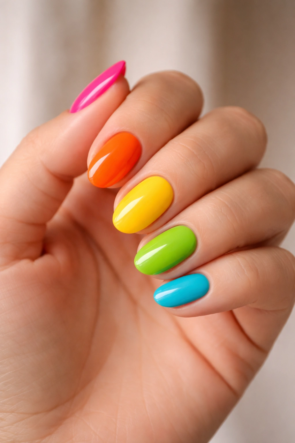Close-up of bright short almond nails in vivid colors on a hand, no text