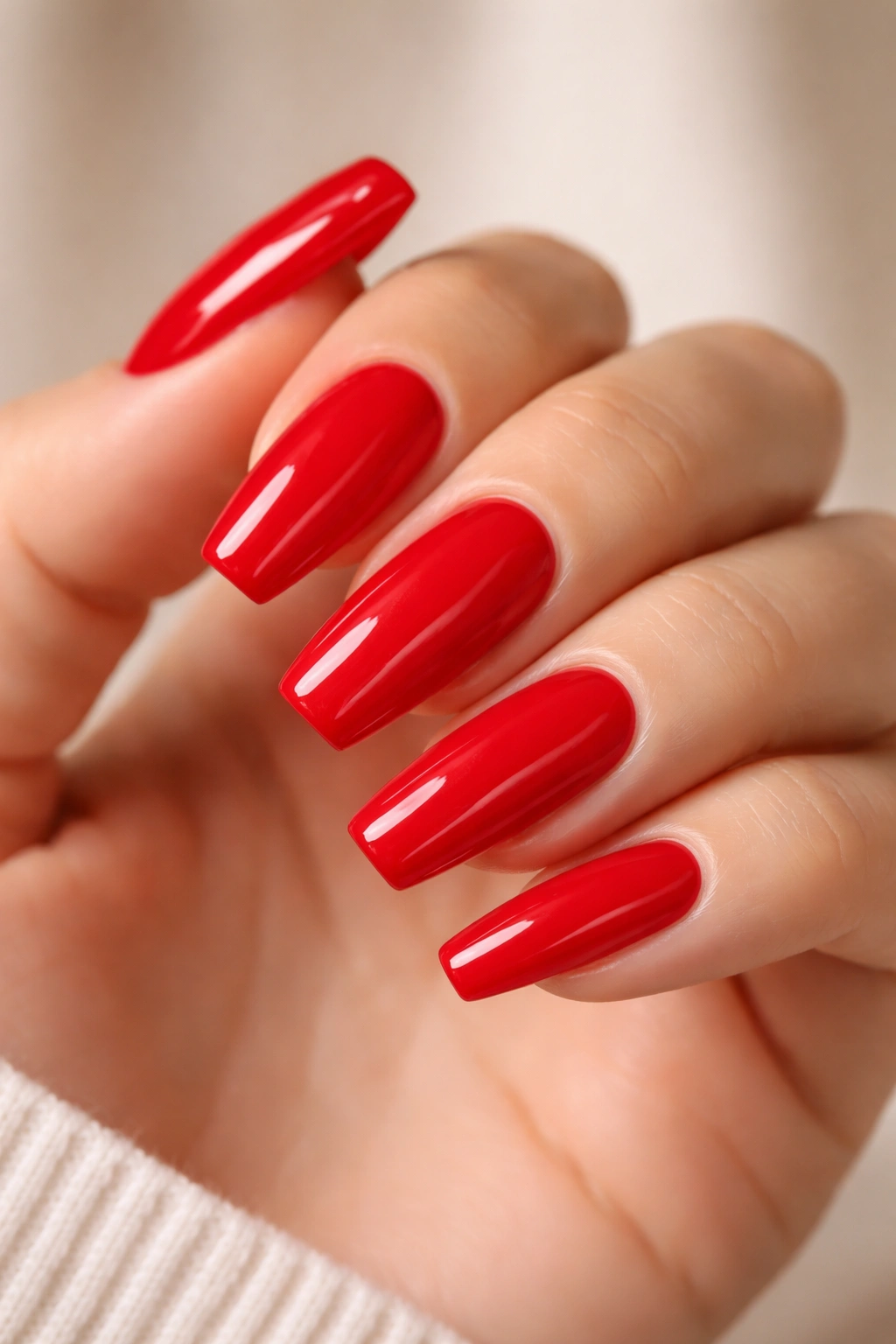 Bright red classic coffin nails close-up