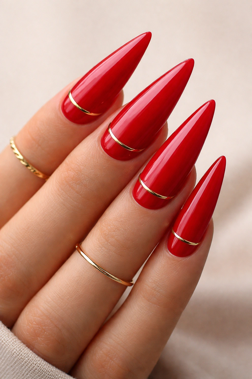 Bright red stiletto nails with minimalist gold ring accents