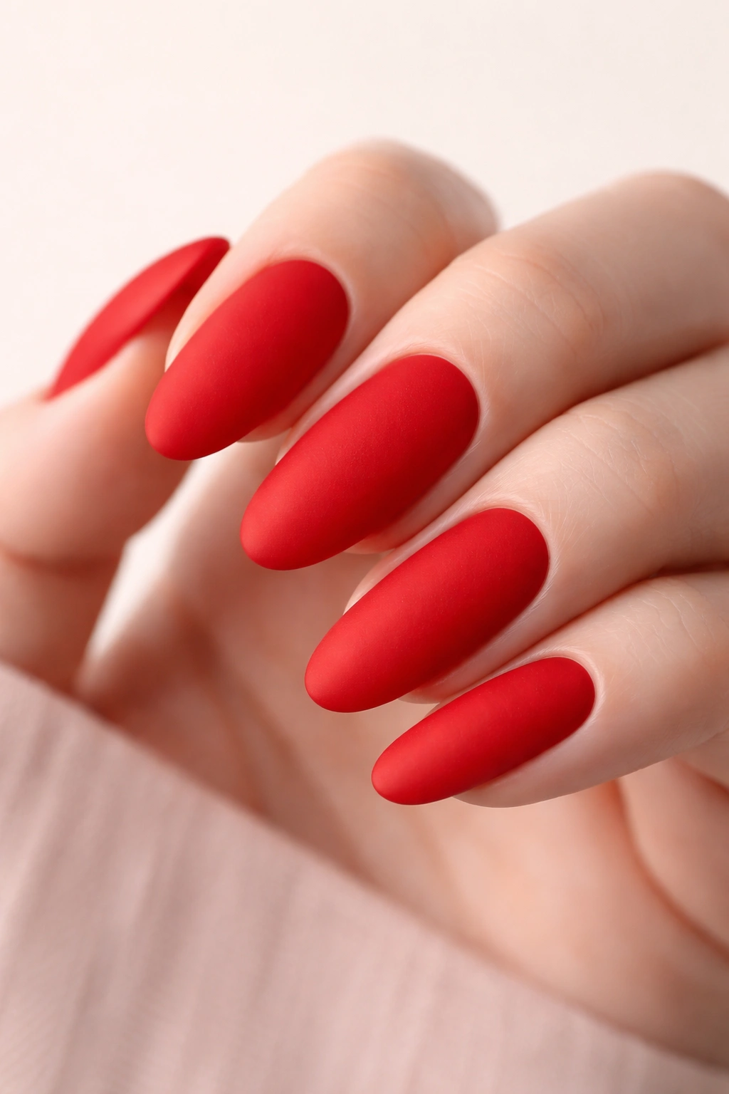Close-up of bright red matte nails on long oval nails